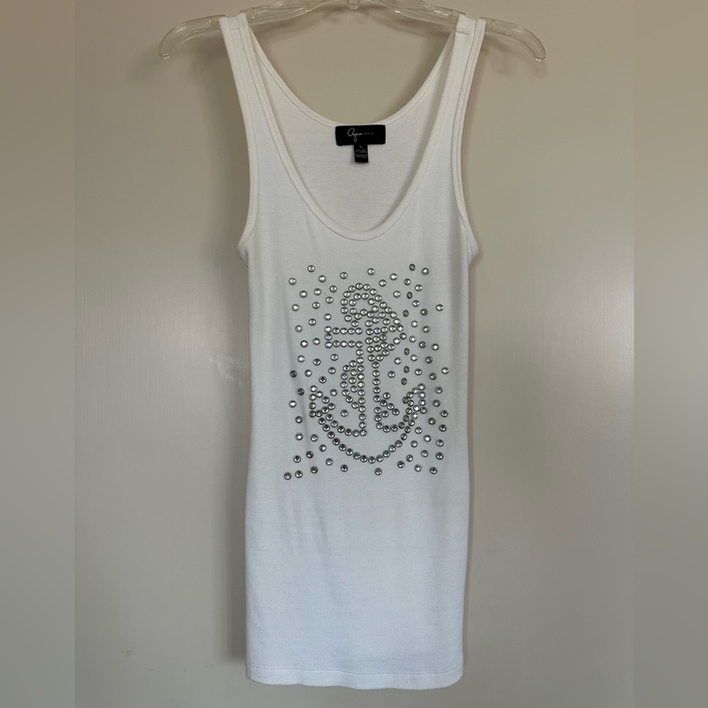 Aqua Rhinestone Anchor White Tank S